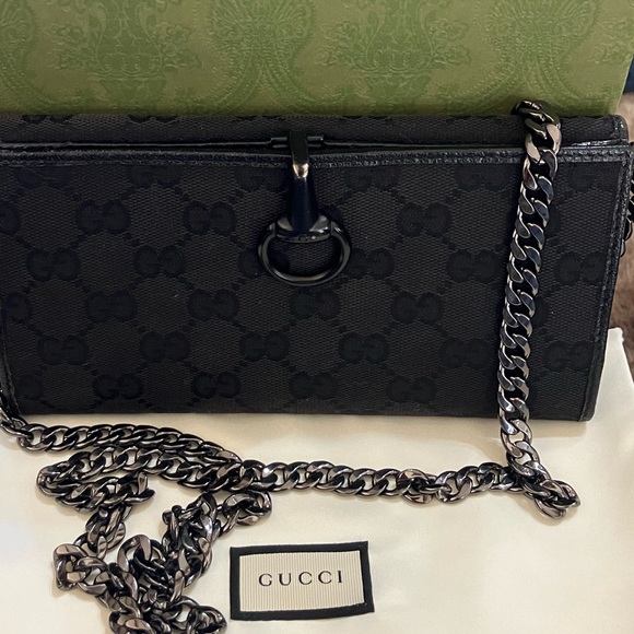 Gucci Handbags - Gucci Black Monogram Chain Shoulder Wallet